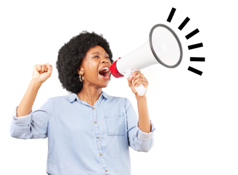 Megaphone, shout or black woman with protest, human rights or revolution isolated on transparent background. Scream, protester or model with a microphone, speech or democracy vote with png or justice