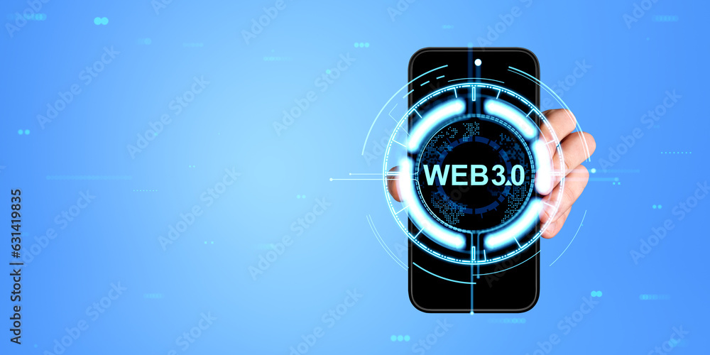 Poster man hand showing a smartphone with glowing web 3.0 hologram