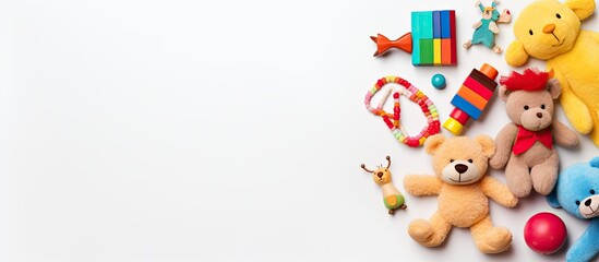 collection of baby and kids toys displayed on a white background. The view is from the top, and