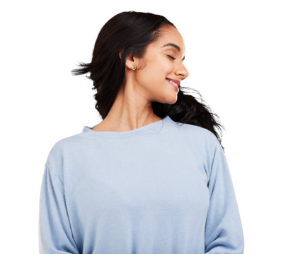 Freedom, shake hair and woman with natural beauty and smile, satisfaction and gen z style.Youth and Indian female person happy with haircare and treatment isolated on a transparent, png background