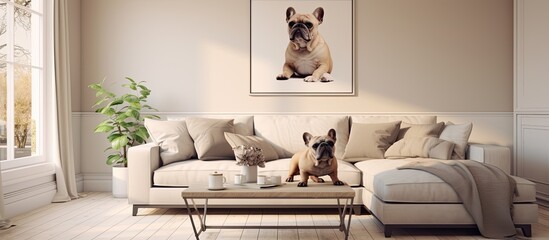 The living room interior design is stylish and cozy, featuring a mock-up structure painting, a