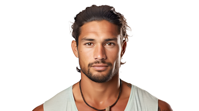 Gentle Pacific Islander-European man, ethnic groups, white background, transparent background  Generative AI
