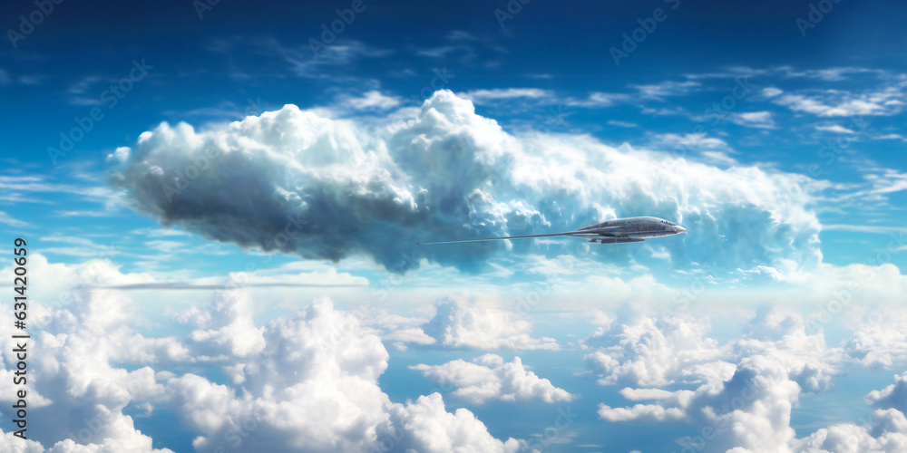 Poster floating advanced technology flying object in the clouds. created with generative ai technology.