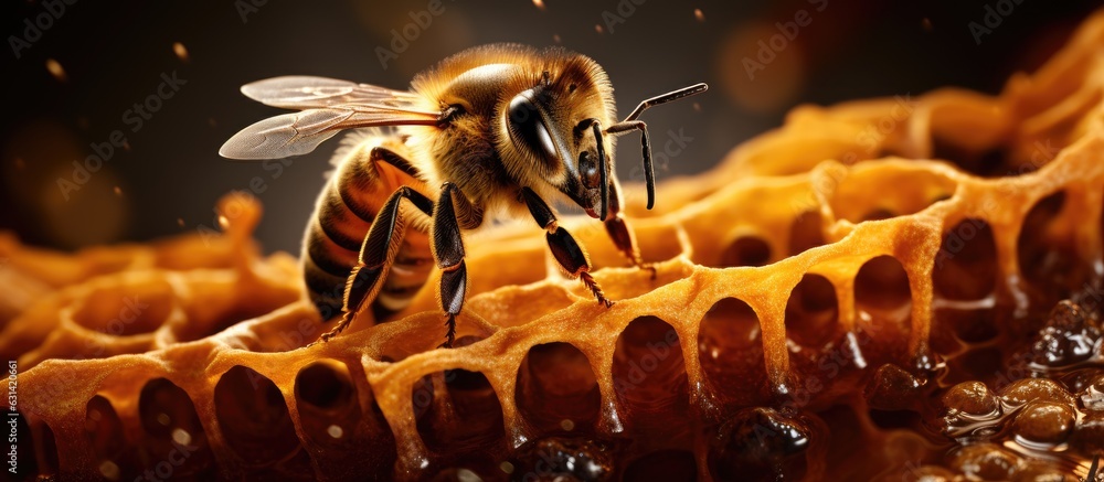 Poster the view of a bee eating honey with its tongue can be seen through several pieces of honeycomb