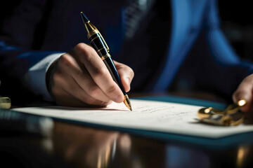 Businessman signing a contract or agreement in modern office.