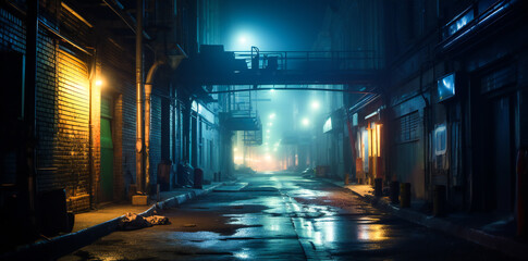 City wet road or alley in a misty night