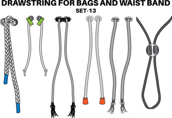 Drawstring cord flat sketch vector illustrator. Set of Draw string with aglets for Waist band, bags, shoes, jackets, Shorts, Pants, dress garments, Drawcord aiglets for Clothing to pulled or tighten