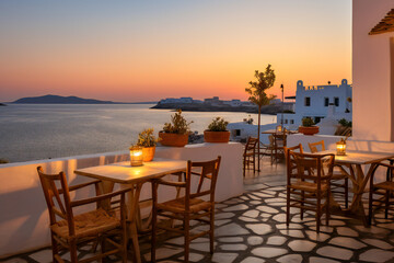 View over a romantic old greek tavern on the Aegean sea, on a greek island in the evening
