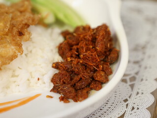Asian food and ingredients With rice and omelette
