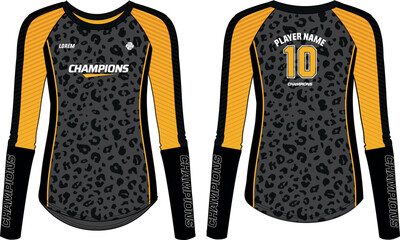 women Long Sleeve Sports Jersey t-shirt design flat sketch Illustration suitable for girls and Ladies for Volleyball jersey, Football, Soccer, netball and tennis Sport uniform kit