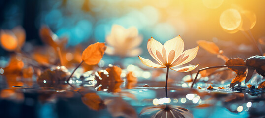 Autumn composition with golden leaves and nature background