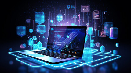 Artificial Intelligence Infused Laptop - Neon Illuminated High-Tech 3D Rendering