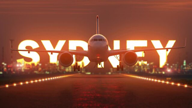 the plane is landing at the airport on the background of the inscription "Sydney"