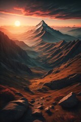 Fototapeta na wymiar Mountain landscape with sunset, generative AI