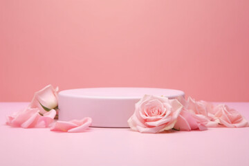 Empty podium with pink rose flowers on pink background to display products, gift or cosmetics