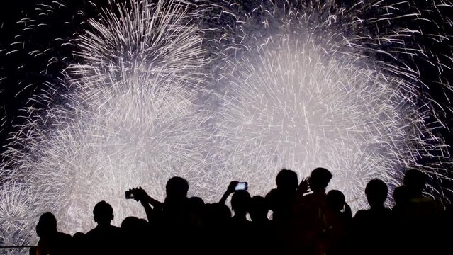 夏の夜　夜空に爆発炸裂する打ち上げ花火を背景に人々・観衆のシルエット　お祝い・夏休み・イベント・お盆のイメージ