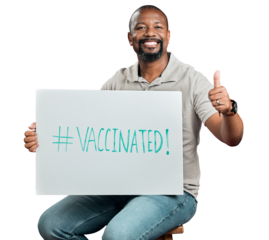 Black man, vaccine poster and thumbs up for healthcare support, thank you or social media hashtag. Person in portrait for virus or covid safety and like emoji isolated on PNG, transparent background