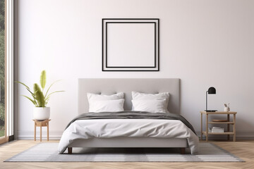 Empty square frame for print or poster mockup on white wall in modern neutral gray bedroom interior with wood floor, rug with geometric pattern, bedside tables, lamps, decor and plants