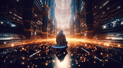 illustration cyber monk shaman oracle manipulates psychic energy	 - obrazy, fototapety, plakaty