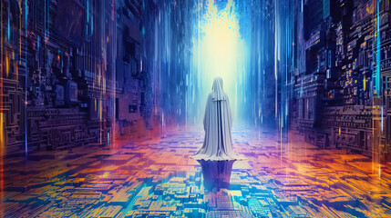illustration cyber monk shaman oracle manipulates psychic energy	 - obrazy, fototapety, plakaty