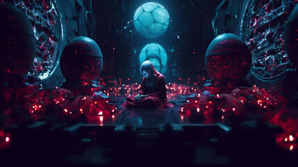 illustration cyber monk shaman oracle manipulates psychic energy	