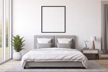 Fototapeta na wymiar Empty square frame for print or poster mockup on white wall in modern neutral gray bedroom interior with wood floor, rug with geometric pattern, bedside tables, lamps, decor and plants