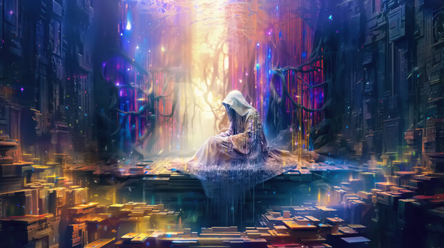 illustration cyber monk shaman oracle manipulates psychic energy	