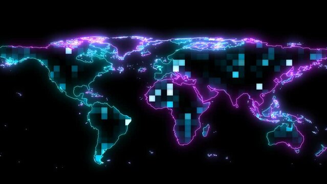 hundred digital light global map blue tone and random faded on black screen