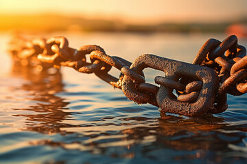 Old rusty chains on the wavy sea surface background with reflections