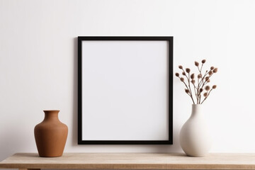 Empty square frame mockup in modern minimalist interior with plant in trendy vase on white wall background, Template for artwork, painting, photo or poster