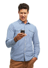 Fototapeta Social media, phone and man shocked by bad news, scam or online glitch isolated on transparent png background. Stress, frustrated or unhappy person worried by password fraud or reading phishing email obraz
