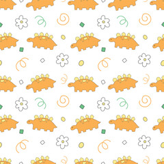Cute dinosaur doodle handdrawn cartoon seamless pattern background for illustration, note, wallpaper