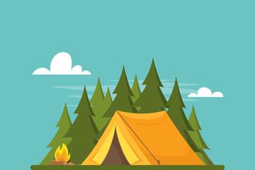 Yellow tent in forest. Tent, forest and fire. Banner, poster for Climbing, hiking, trakking sport, adventure tourism, travel, backpacking. Simple flat vector illustration.