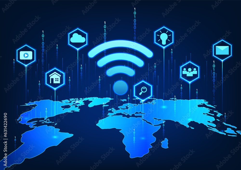 Poster wifi technology on the world map with icons and behind the number code refers to the wi-fi technolog