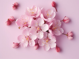 Cherry blossom flowers bucket background top view in flat lay style