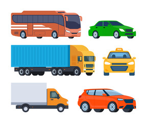 Vehicles, set. Car, bus, truck, suv, taxi. Vector illustration in flat style.