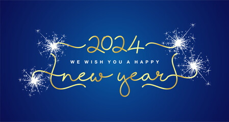 2024 Happy New Year golden handwritten lettering tipography line design white sparkler firework vintage frame blue background vector