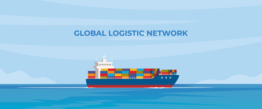 Cargo ship with containers in the ocean. Delivery, shipping freight transportation. Global logistic network. Import, export. Vector illustration.