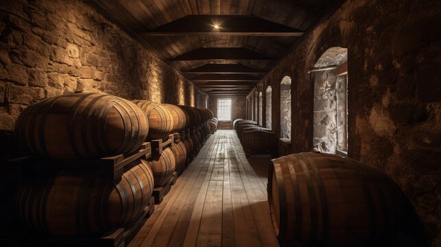Whiskey Tasting Tours: Discovering the Best Distilleries, cellar with barells generative AI
