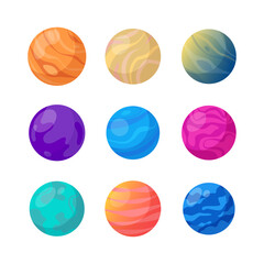 Fantastic planets icons set. Cosmic world design elements. Galaxy objects, planets with craters and glowing lava surface. Vector illustration.