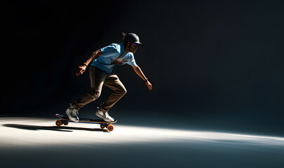 Fototapeta na wymiar Fast moving skateboarder man skateboarding.
