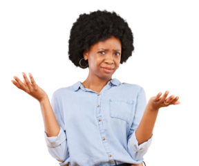 Confused, doubt and portrait of black woman with hands in gesture to show decision on transparent, isolated or png background. Choice, frustrated face and girl with a faq, question or thinking why