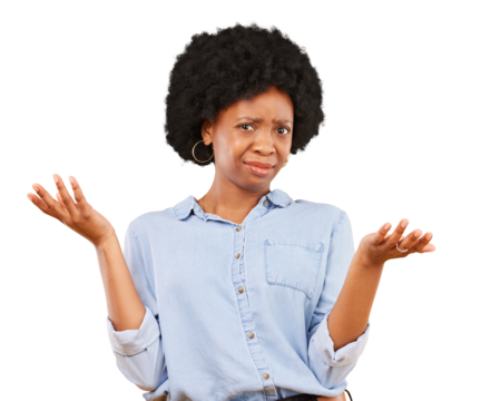 Confused, doubt and portrait of black woman with hands in gesture to show decision on transparent, isolated or png background. Choice, frustrated face and girl with a faq, question or thinking why - Powered by Adobe