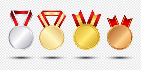 Set of award medals isolated on transparent background. modern luxury gold,silver and bronze medals
