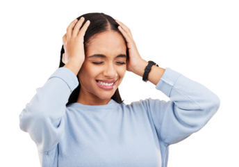 Headache, stress and woman with depression and frustrated from student burnout. Anxiety, young female person and mistake problem with migraine and pain isolated on a transparent, png background