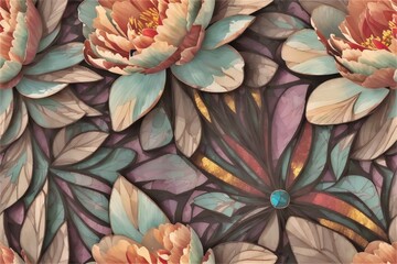 Peonies in stained glass style, 3d, seamless pattern