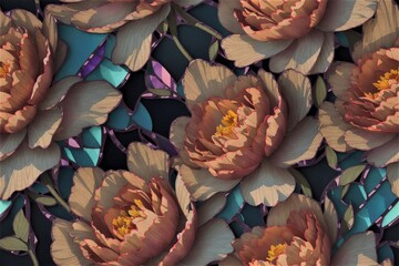 Peonies in stained glass style, 3d, seamless pattern