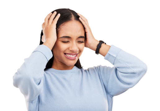 Headache, stress and woman with depression and frustrated from student burnout. Anxiety, young female person and mistake problem with migraine and pain isolated on a transparent, png background