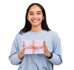 Excited, gift and portrait of woman with box on isolated, png and transparent background. Happy,...