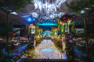 beautiful luxury wedding event colourful flower flora decoration concept and romantic lighting sculpture for outdoor garden rom solemnisation and hotel fine dining